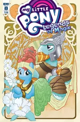 Size: 791x1200 | Tagged: safe, artist:tonyfleecs, derpibooru import, idw, meadowbrook, rockhoof, earth pony, pony, legends of magic, spoiler:comic, spoiler:comiclom8, beard, cover, duo, facial hair, female, flower, helmet, male, mare, moustache, official comic, stallion