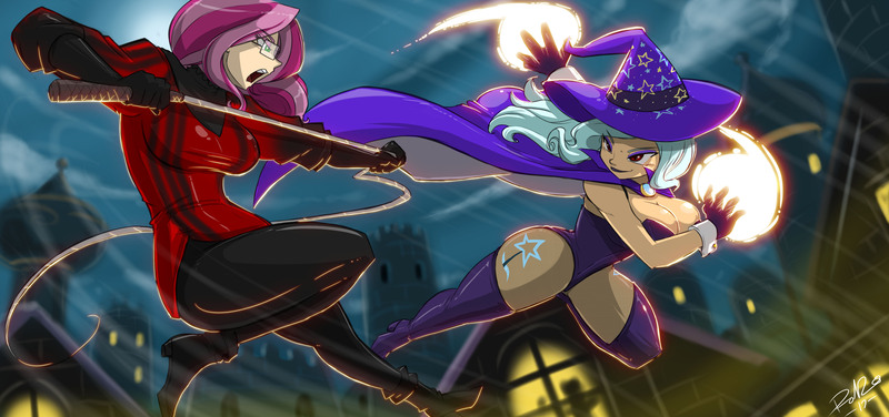 Size: 6000x2817 | Tagged: absurd resolution, artist:shonuff44, breasts, building, bullwhip, busty trixie, cape, cheerilee, clothes, cutie mark on human, derpibooru import, duo, female, fight, hat, human, humanized, leotard, magic, night, safe, trixie, trixie's cape, trixie's hat, whip, woman