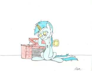 Size: 3300x2550 | Tagged: safe, artist:algernon97, derpibooru import, lyra heartstrings, pony, unicorn, atg 2017, chest fluff, coffee mug, desk, levitation, magic, mug, newbie artist training grounds, pencil, solo, telekinesis, the creative process at work, tired, traditional art