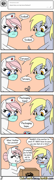 Size: 640x2125 | Tagged: safe, artist:outofworkderpy, derpibooru import, derpy hooves, nurse redheart, earth pony, pegasus, pony, comic, duo, duo female, female, forceps, funny, mare, nurse, outofworkderpy, package, scalpel, surgical mask, sweat, tumblr, tumblr comic