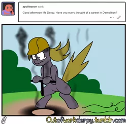 Size: 640x628 | Tagged: safe, artist:outofworkderpy, derpibooru import, derpy hooves, pegasus, pony, comic, demolition, detonator, explosion, explosion aftermath, female, funny, mare, old joke is old, outofworkderpy, safety hat, tumblr, tumblr comic