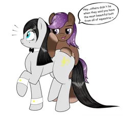 Size: 1100x1000 | Tagged: safe, artist:thepianistmare, derpibooru import, oc, oc:klavinova, oc:smoky glitter, unofficial characters only, earth pony, pony, butt grab, butt touch, commission, dialogue, female, flirting, grope, hoof on butt, male, mare, molestation, non-consensual butt fondling, personal space invasion, raised hoof, simple background, surprised, white background