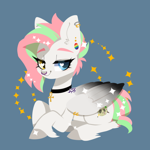 Size: 1024x1024 | Tagged: safe, artist:snow angel, derpibooru import, oc, oc:crescendo, unofficial characters only, pegasus, pony, ankh, art trade, choker, colored wings, colored wingtips, ear piercing, female, heart eyes, heterochromia, mare, nose piercing, nose ring, piercing, simple background, smiling, solo, unshorn fetlocks, wingding eyes