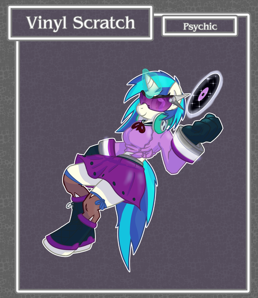 Size: 1688x1950 | Tagged: safe, artist:brownie-bytes, derpibooru import, vinyl scratch, anthro, unguligrade anthro, unicorn, bracelet, clothes, crossover, female, final fantasy, headphones, hoof shoes, hud, jewelry, kneesocks, magic, record, sailor uniform, shoes, side knot midriff, skirt, socks, solo, telekinesis, uniform, visor