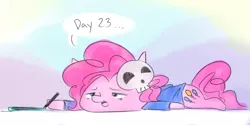 Size: 2000x1000 | Tagged: safe, artist:grim ponka, derpibooru import, pinkie pie, pony, atg 2017, clothes, dialogue, drawing, exhausted, newbie artist training grounds, skull, solo, tired