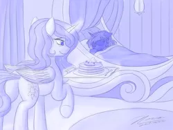 Size: 1024x768 | Tagged: safe, artist:novaintellus, derpibooru import, princess celestia, princess luna, pony, atg 2017, bed, breakfast in bed, duo, food, magic, monochrome, newbie artist training grounds, pancakes, plot, sisterly love, sleeping, telekinesis