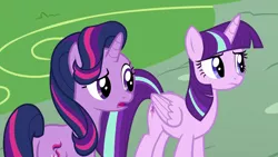 Size: 960x540 | Tagged: safe, derpibooru import, edit, edited screencap, screencap, starlight glimmer, twilight sparkle, twilight sparkle (alicorn), alicorn, pony, unicorn, triple threat, confused, female, frown, hilarious in hindsight, mare, open mouth, palette swap, raised eyebrow, recolor