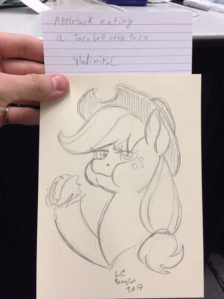 Size: 960x1280 | Tagged: safe, artist:latecustomer, derpibooru import, applejack, earth pony, pony, eating, food, hoof hold, sketch, sketches from a hat, solo, taco, traditional art