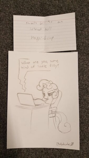 Size: 720x1280 | Tagged: safe, artist:bobdude0, derpibooru import, sweetie belle, pony, unicorn, computer, female, filly, laptop computer, sketch, sketches from a hat, solo, traditional art, trolling