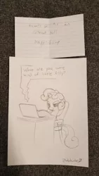 Size: 720x1280 | Tagged: safe, artist:bobdude0, derpibooru import, sweetie belle, pony, unicorn, computer, female, filly, laptop computer, sketch, sketches from a hat, solo, traditional art, trolling