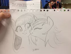 Size: 1280x960 | Tagged: safe, artist:imalou, derpibooru import, octavia melody, vinyl scratch, earth pony, pony, unicorn, blushing, cute, female, kissing, lesbian, mare, scratchtavia, shipping, sketch, sketches from a hat, tavibetes, traditional art, vinylbetes