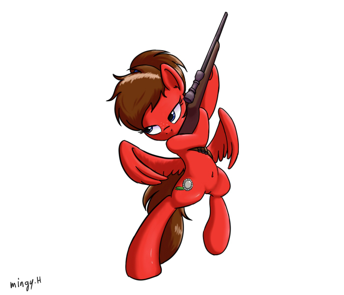 Size: 700x600 | Tagged: safe, artist:mingy.h, derpibooru import, oc, oc:bottle coke, unofficial characters only, pegasus, pony, belly button, flying, gun, request, simple background, solo, weapon, white background