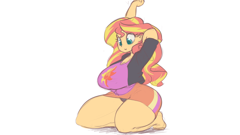 Size: 3840x2160 | Tagged: suggestive, artist:bluedrg19, derpibooru import, sunset shimmer, human, equestria girls, barefoot, big breasts, black underwear, breasts, busty sunset shimmer, clothes, cute, feet, female, humanized, jacket, leather jacket, moe, panties, panty shot, plump, simple background, skirt, solo, solo female, thick, thighs, thunder thighs, underwear, upskirt