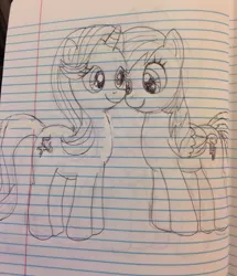 Size: 1103x1280 | Tagged: safe, artist:rainboom31, derpibooru import, rainbow dash, starlight glimmer, pegasus, pony, unicorn, grayscale, lined paper, monochrome, notebook, photo, sketch, smiling, traditional art