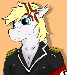 Size: 1280x1414 | Tagged: anthro, artist:rene-owen, austria, clothes, cross-popping veins, derpibooru import, female, german, nazi, nazi armband, oc, oc:aryanne, safe, satire, simple background, solo, uniform, unofficial characters only