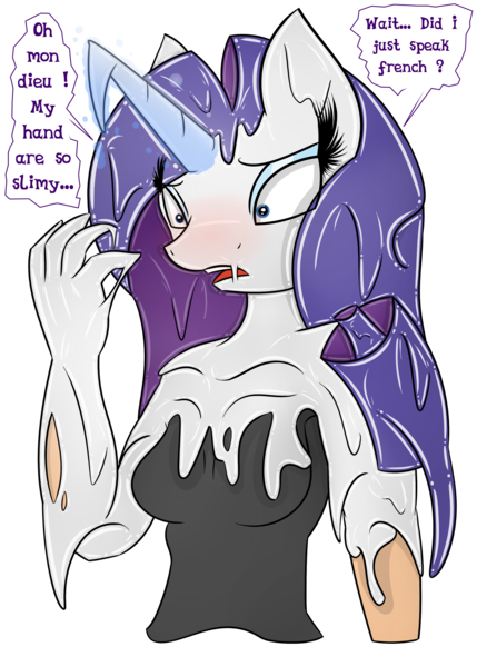 Size: 2251x3145 | Tagged: anthro, artist:skyspeardraw, derpibooru import, female, human, latex, rarity, rubber, safe, simple background, slime, text, transformation, transparent background