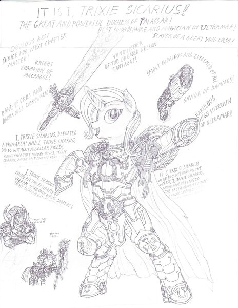 Size: 1024x1325 | Tagged: safe, artist:lordarcheronvolistad, derpibooru import, trixie, twilight sparkle, pony, armor, cato sicarius, energy weapon, if the emperor had a text-to-speech device, librarian, magnus the red, plasma pistol, power armor, power sword, primarch, psyker, sketch, space marine, ultramarine, ultrasmurf, varro tigurius, warhammer (game), warhammer 40k, weapon