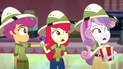 Size: 1280x720 | Tagged: safe, derpibooru import, screencap, apple bloom, scootaloo, sweetie belle, eqg summertime shorts, equestria girls, the canterlot movie club, cinema, cutie mark crusaders, food, hat, pointing, popcorn, shocked, ticket