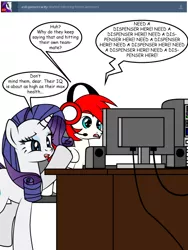 Size: 600x800 | Tagged: safe, artist:dekomaru, derpibooru import, rarity, oc, oc:mars, alicorn, pony, ask gamer rarity, tumblr:ask twixie, ask, colt, computer, headphones, male, tumblr