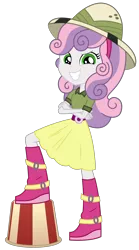 Size: 1500x2691 | Tagged: safe, artist:sketchmcreations, derpibooru import, sweetie belle, eqg summertime shorts, equestria girls, the canterlot movie club, bucket, crossed arms, daring do costume, food, grin, looking at you, popcorn, simple background, smiling, transparent background, vector