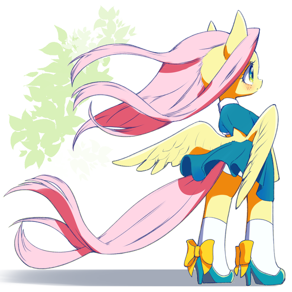 Size: 1900x1900 | Tagged: artist:unousaya, blushing, clothes, cute, derpibooru import, dress, female, fluttershy, high heels, mare, pegasus, safe, semi-anthro, shoes, shyabetes, socks, solo, white socks, windy