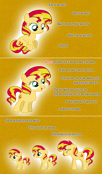 Size: 1280x2168 | Tagged: safe, artist:hakunohamikage, derpibooru import, sunset shimmer, pony, ask-princesssparkle, age progression, ask, female, filly, sad, solo, tumblr, vector