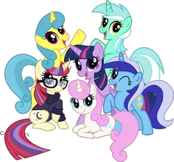 Size: 5000x4655 | Tagged: safe, artist:limedazzle, derpibooru import, lemon hearts, lyra heartstrings, minuette, moondancer, twilight sparkle, twilight sparkle (alicorn), twinkleshine, alicorn, pony, unicorn, absurd resolution, alternate mane six, canterlot six, counterparts, female, glasses, looking at you, mane six opening poses, mare, one eye closed, open mouth, simple background, smiling, transparent background, twilight's counterparts, vector, wink