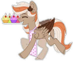 Size: 1573x1302 | Tagged: safe, artist:trickate, derpibooru import, oc, unofficial characters only, pegasus, pony, apron, cherry, clothes, commission, cupcake, female, food, mare, mouth hold, simple background, transparent background, tray