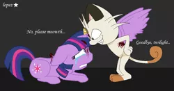 Size: 947x498 | Tagged: grimdark, artist:lopez765, derpibooru import, twilight sparkle, alicorn, meowth, pony, alicorn wings, amputee, bad end, blood, broken horn, crossover, crying, female, grimderp, horn, imminent death, imminent murder, mare, not salmon, ow the edge, pokémon, shitposting, wat, wings