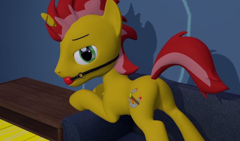 Size: 2447x1440 | Tagged: suggestive, artist:the barbaric brony, derpibooru import, oc, oc:ember flare, unofficial characters only, pony, unicorn, 3d, ballgag, couch, featureless crotch, gag, looking at you, male, multicolored hair, solo, solo male, source filmmaker, tail