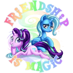 Size: 894x894 | Tagged: safe, artist:arcadianphoenix, artist:drawponies, derpibooru import, starlight glimmer, trixie, pony, unicorn, commission, female, friendship, looking at you, mare, prone, simple background, sitting, smiling, title drop, transparent background