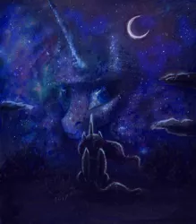 Size: 1887x2159 | Tagged: safe, artist:kimsteinandother, derpibooru import, princess luna, alicorn, pony, crescent moon, moon, night, sitting, solo, transparent moon