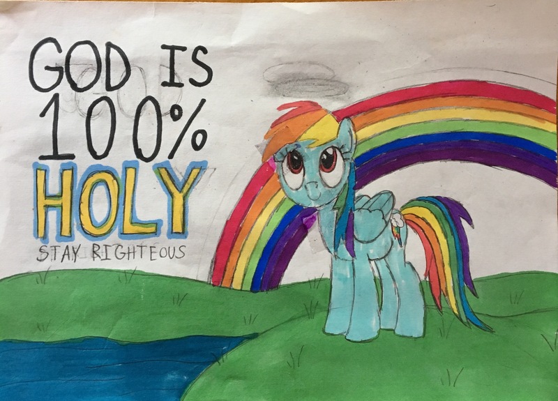 Size: 3021x2170 | Tagged: safe, artist:trini-mite, derpibooru import, rainbow dash, pegasus, pony, christianity, female, mare, rainbow, religion, religious focus, religious headcanon, religious propaganda, solo, traditional art