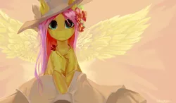 Size: 9892x5784 | Tagged: safe, artist:utauyan, derpibooru import, fluttershy, pony, absurd resolution, bust, clothes, crossed hooves, dress, flower, flower in hair, hat, looking at you, portrait, solo, spread wings, wings