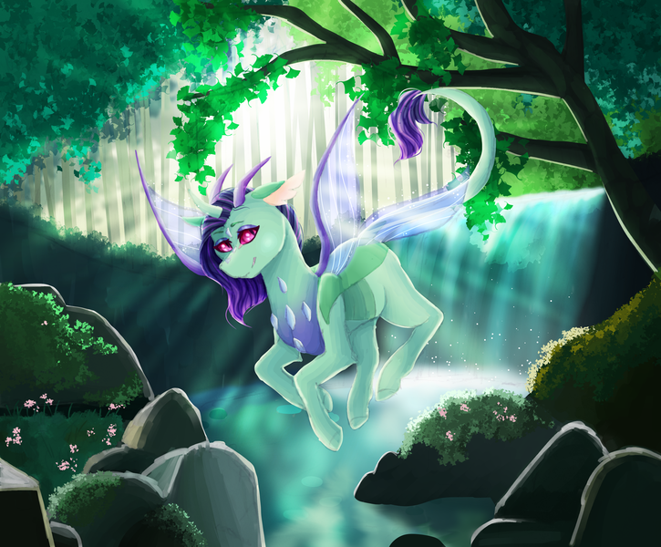 Size: 2998x2480 | Tagged: artist:pndrws, changedling, changeling, changeling oc, derpibooru import, flower, flying, grass, leonine tail, oc, oc:piper, outdoors, rock, safe, scenery, smiling, solo, sunlight, tree, unofficial characters only, water, waterfall