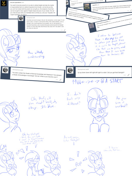 Size: 3840x5120 | Tagged: safe, artist:jake heritagu, derpibooru import, derpy hooves, starlight glimmer, pony, comic:ask motherly scootaloo, ask, cloak, clothes, comic, konami code, out of work derpy, sweat