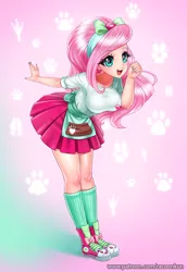 Size: 758x1100 | Tagged: safe, artist:racoonsan, derpibooru import, fluttershy, eqg summertime shorts, equestria girls, pet project, adorasexy, apron, big breasts, bow, breasts, busty fluttershy, clothes, converse, cute, female, hair bow, heart eyes, nail polish, open mouth, paws, pink background, pleated skirt, ribbon, sexy, shoes, shyabetes, simple background, skirt, sneakers, socks, solo, wingding eyes