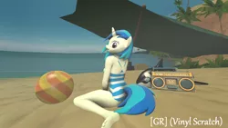 Size: 1920x1080 | Tagged: 3d, anthro, artist:gr-vinyl-scratch, barefoot, beach, beach ball, boombox, breasts, clothes, derpibooru import, feet, inflatable, looking at you, one-piece swimsuit, palm tree, plantigrade anthro, shy, sitting, source filmmaker, suggestive, swimsuit, tree, umbrella, vinyl scratch