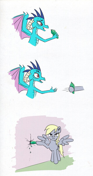 Size: 732x1378 | Tagged: safe, artist:el-yeguero, derpibooru import, derpy hooves, princess ember, dragon, pegasus, pony, triple threat, angry, comic, duo, gem, revenge, simple background, spread wings, the tables have turned, wings