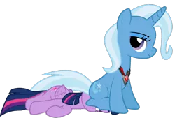 Size: 1024x732 | Tagged: safe, artist:rozyfly10, derpibooru import, trixie, twilight sparkle, twilight sparkle (alicorn), alicorn, pony, unicorn, alicorn amulet, facesitting, female, lesbian, lying, prize on the eyes, shipping, side, simple background, sitting, sitting on pony, transparent background, twixie, underass