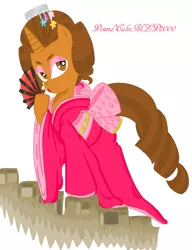 Size: 856x1116 | Tagged: safe, artist:shera5, derpibooru import, oc, oc:thomasseidler, oc:thomastheautisticunicorn, unofficial characters only, pony, unicorn, beautiful, clothes, crossdressing, cute, dress, fan, femboy, geisha, hairstyle, kimono (clothing), lipstick, male, pink, thomas