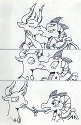 Size: 723x1117 | Tagged: suggestive, artist:kuroneko, derpibooru import, princess ember, thorax, changedling, changeling, dragon, triple threat, comic, dragon lord ember, embrax, female, french kiss, interspecies, king thorax, kissing, male, monochrome, shipping, simple background, straight, tongue out, tongue tied, traditional art, white background