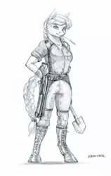 Size: 950x1506 | Tagged: safe, artist:baron engel, derpibooru import, granny smith, anthro, earth pony, unguligrade anthro, clothes, female, grayscale, gun, looking at you, mare, monochrome, shotgun, shovel, simple background, sketch, solo, traditional art, weapon, white background, younger