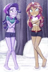 Size: 1956x2940 | Tagged: suggestive, artist:artemis-polara, derpibooru import, starlight glimmer, sunset shimmer, equestria girls, legend of everfree, barefoot, beanie, belly button, clothes, cold, commission, crossed arms, duo, feet, freezing, freezing fetish, hat, icicle, lip bite, midriff, shivering, shorts, snow, snowfall, this will end in hypothermia