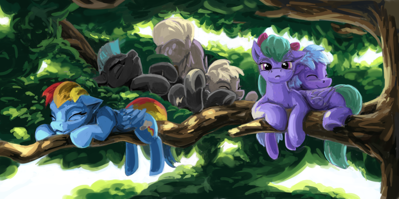 Size: 1080x540 | Tagged: safe, artist:da-exile, derpibooru import, cloudchaser, derpy hooves, flitter, rainbow dash, thunderlane, pegasus, pony, atg 2017, backwards cutie mark, face down ass up, female, floppy ears, looking at you, lying on top of someone, male, mare, newbie artist training grounds, on back, prone, sisters, sleeping, stallion, tree, tree branch