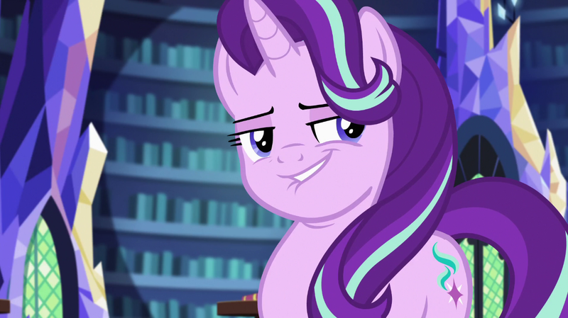 Size: 1280x718 | Tagged: safe, derpibooru import, screencap, starlight glimmer, pony, unicorn, equestria girls, mirror magic, spoiler:eqg specials, arin hanson face, double chin, faic, female, grin, library, lidded eyes, lip bite, mare, smiling, smirk, smug, smuglight glimmer, solo, twilight's castle