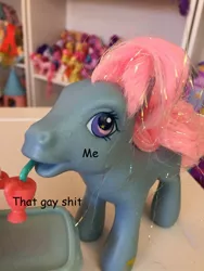 Size: 960x1280 | Tagged: safe, derpibooru import, piccolo, pony, drinking, g3, image macro, irl, meme, photo, that gay shit, that gay shit and me, toy