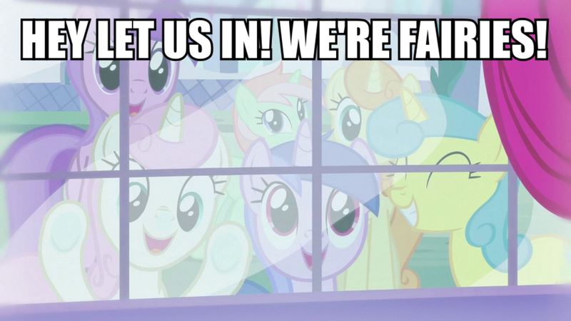 Size: 1055x594 | Tagged: safe, derpibooru import, edit, edited screencap, screencap, amethyst star, cotton mint, lemon hearts, mint julep, sea swirl, seafoam, tropical sunrise, twinkleshine, fairy, pony, unicorn, canterlot boutique, against glass, background pony, background pony audience, bronybait, dude let me in, eyes closed, glass, image macro, magic, meme, smiling, window