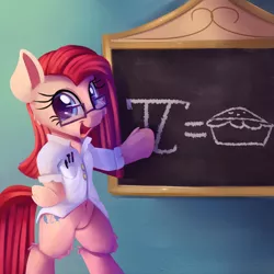 Size: 2000x2000 | Tagged: safe, artist:discorded, derpibooru import, pinkie pie, earth pony, pony, atg 2017, belly button, bipedal, chalkboard, cute, cuteamena, female, food, glasses, happy, looking at you, mare, math, newbie artist training grounds, pi, pie, pinkamena diane pie, pinkie specks, smiling, solo, teaching