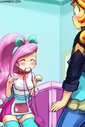 Size: 750x1125 | Tagged: suggestive, artist:lumineko, derpibooru import, fluttershy, sunset shimmer, eqg summertime shorts, equestria girls, pet project, blue underwear, blushing, breasts, clothes, collar, duo, female, femsub, flutterpet, fluttershy wants to be a pet, leash, lesbian, mouth hold, panties, pet play, sexy, shipping, skirt, skirt lift, socks, striped underwear, submissive, sunshyne, thigh highs, underwear, upskirt